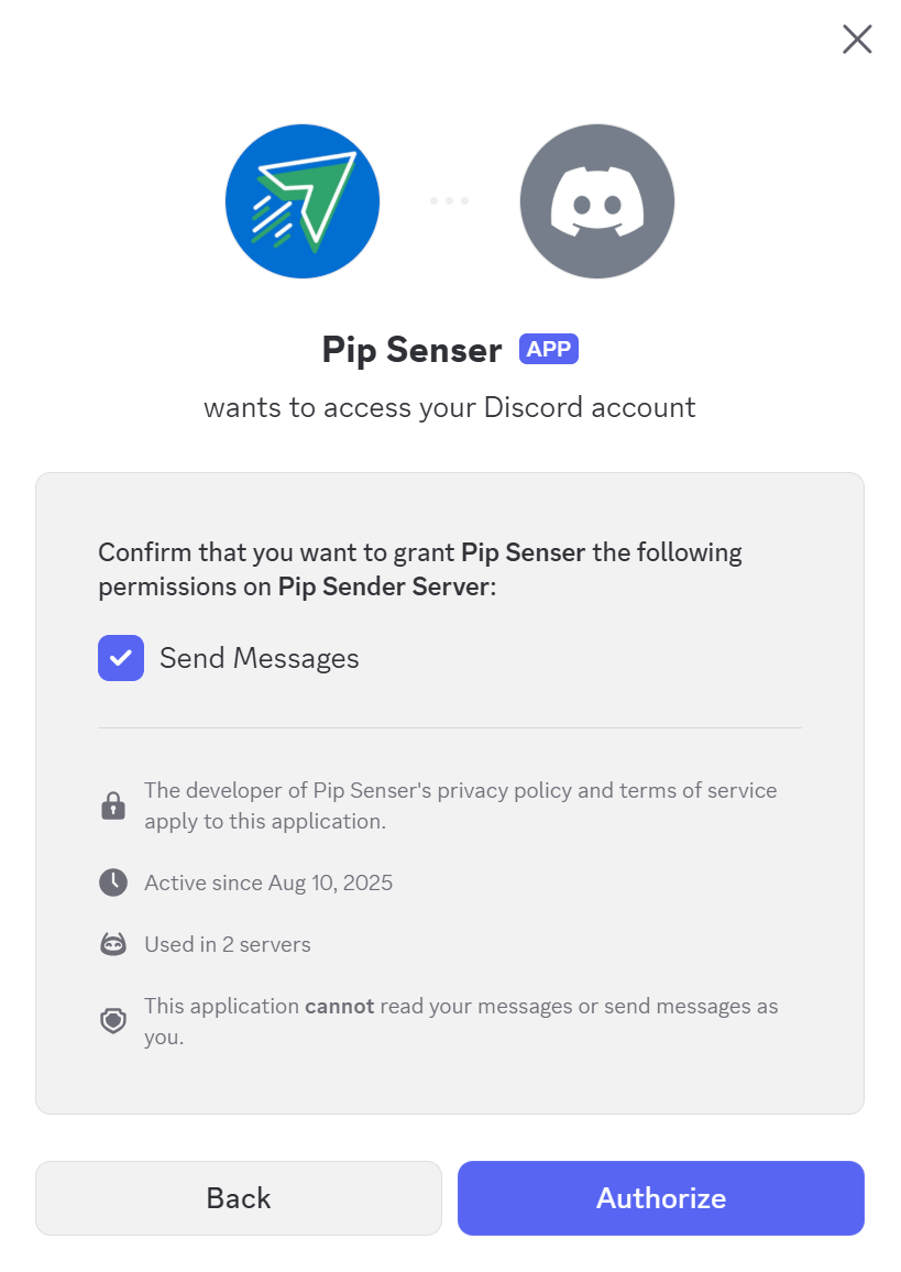 Pip Sender Bot Discord Permissions