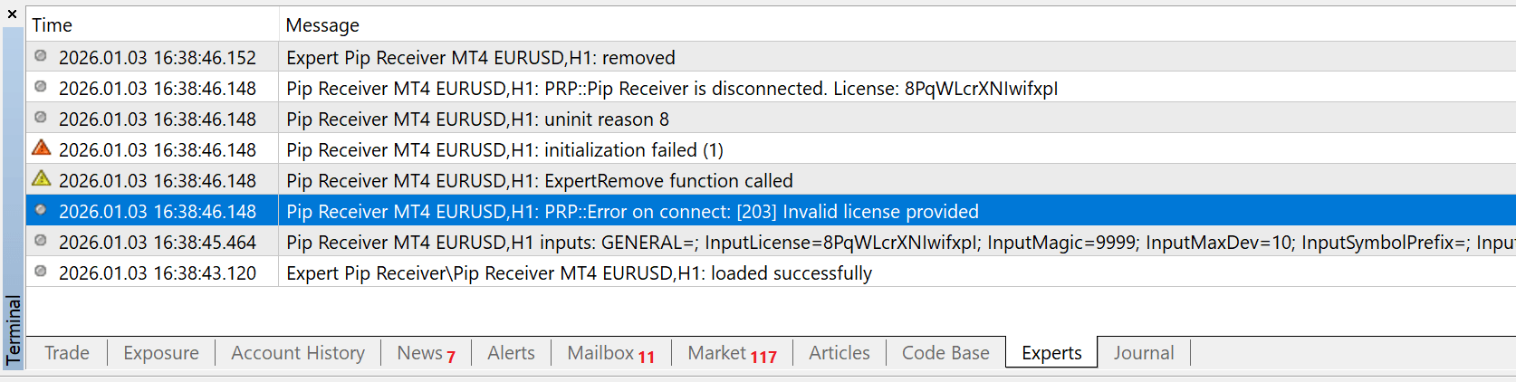 Pip Receiver MT4 error logs