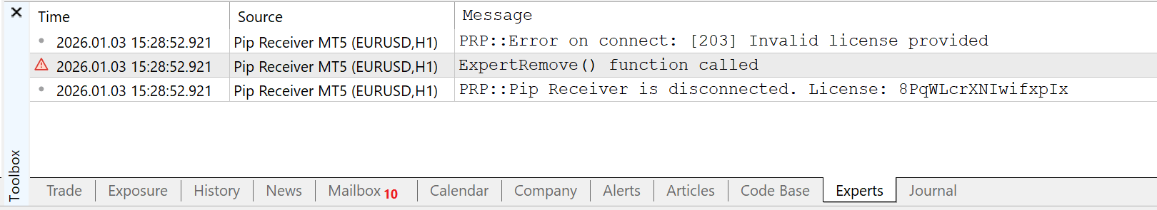 Pip Receiver MT5 error logs