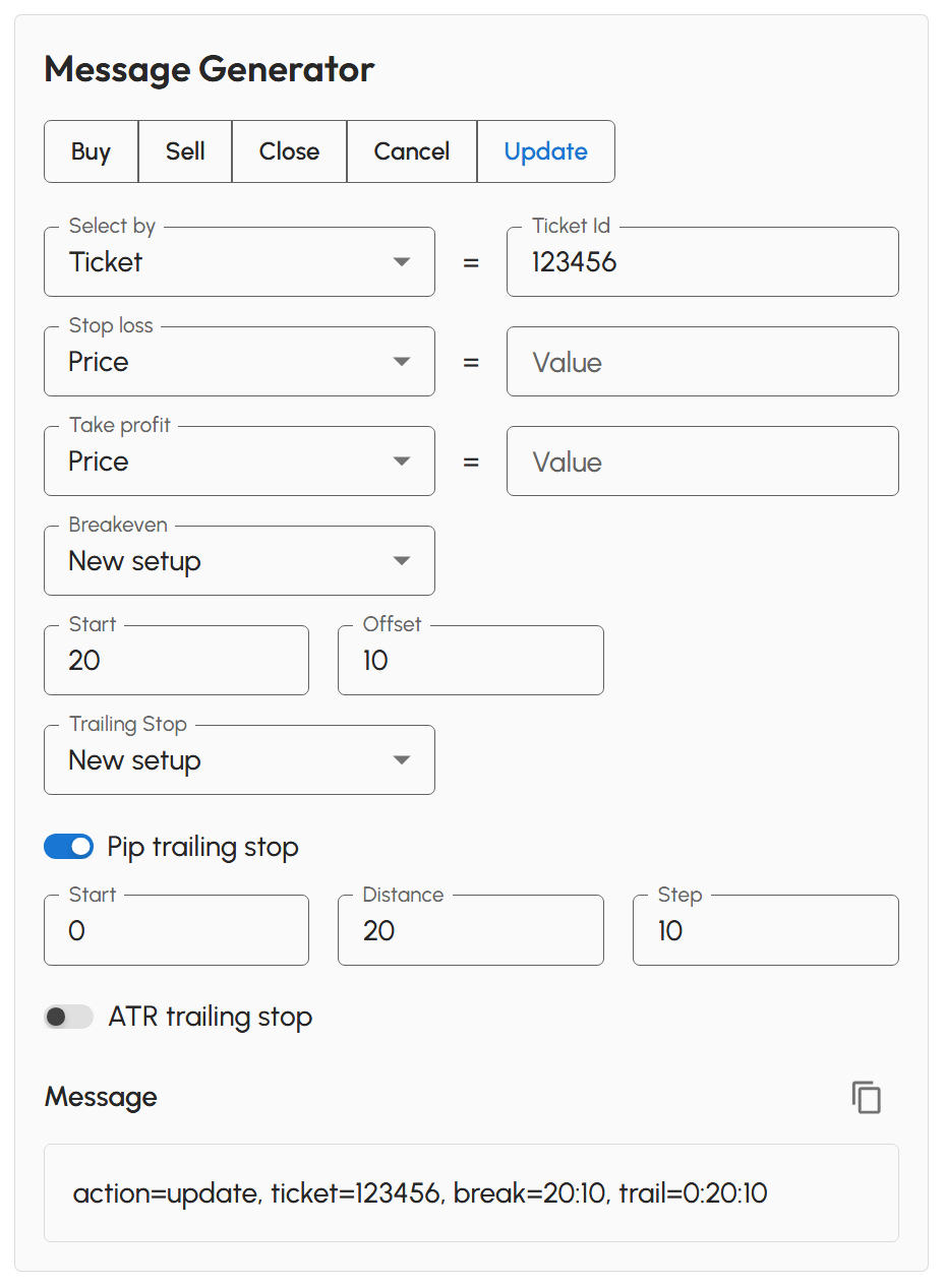 Message Generator Tool - Update action