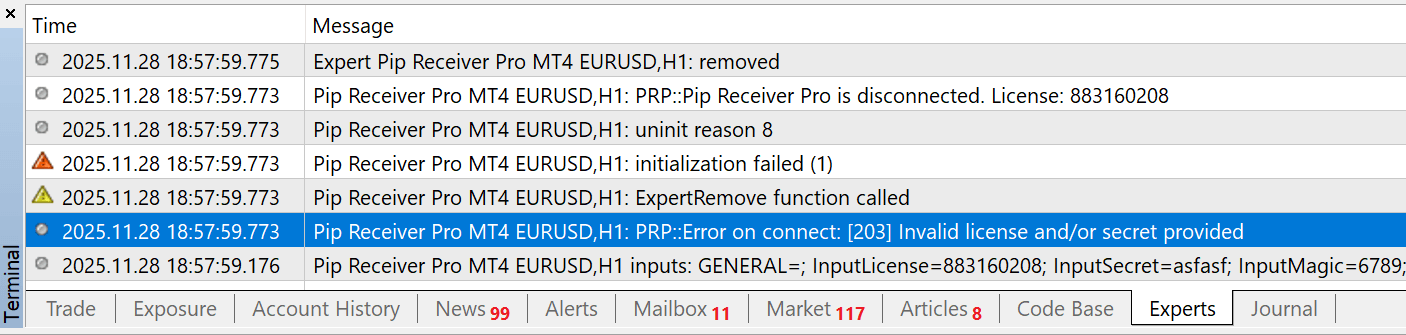 Pip Receiver MT4 error logs