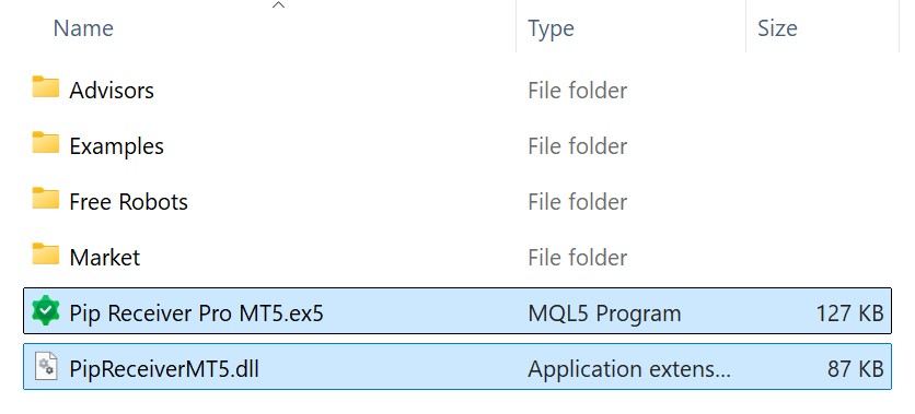 Copy Pip Receiver MT5 to Expert folder