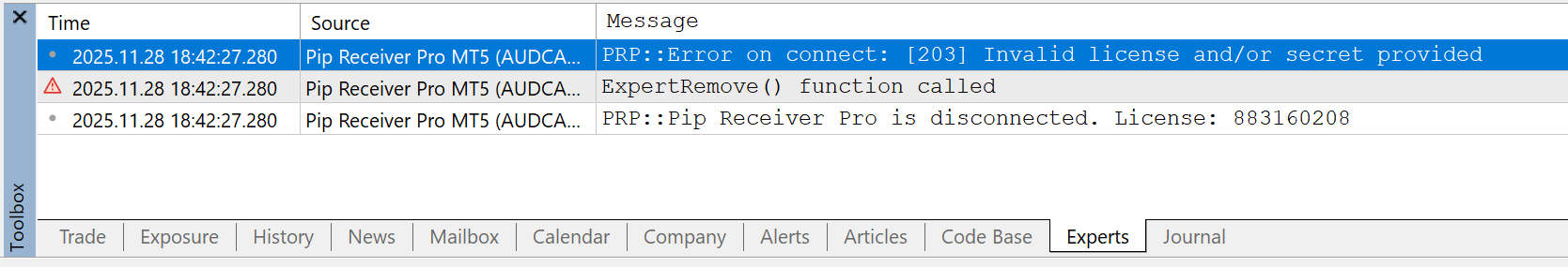Pip Receiver MT5 error logs
