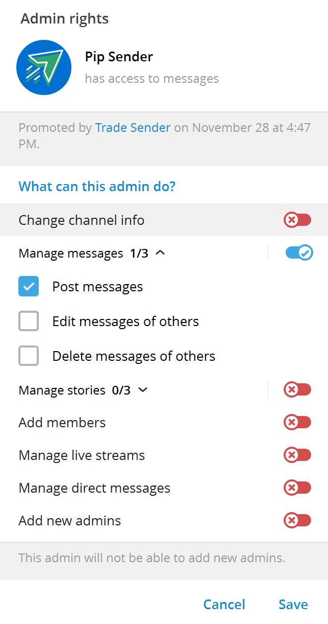 Set Telegram channel permissions